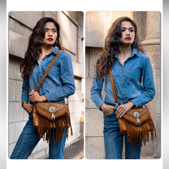 Western Fringed Brown Crossbody Bag with Turquoise Accent - Picture 2 of 11